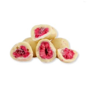 lyofilizované maliny v bielej čokoláde (mrazom sušené) 100g