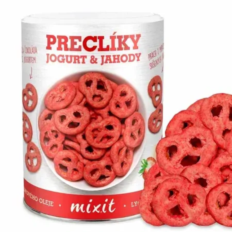 mixit praclíky – jogurtová čokoláda s jahodami 250g mixit praclíky – jogurtová čokoláda s jahodami 250g