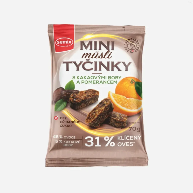 semix mini müsli tyčinky s kakaovými bôbmi a pomarančom bez lepku 70 g semix mini müsli tyčinky s kakaovými bôbmi a pomarančom bez lepku 70 g